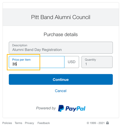 PayPal Price window